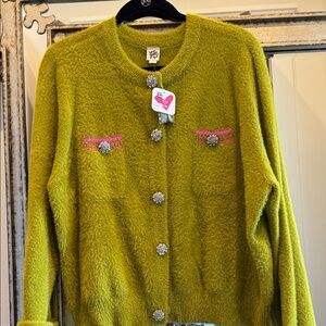 Ivy Jane Green Eyelash Cardigan with Sparkle Buttons and Pink Trim